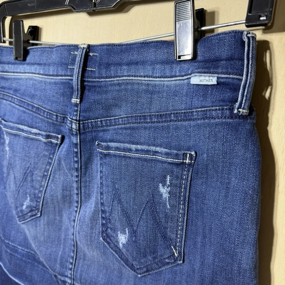 MOTHER Undone Hem Mini‎ Skirt Womens 25 Dark Graffiti Denim Distressed Blue
